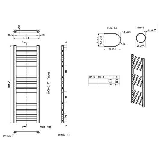 Ruby Bonnie Straight 30mm Ladder Radiator (600x1200x30mm) - Matt Black - RUBY104982 - Envy Bathrooms Ltd