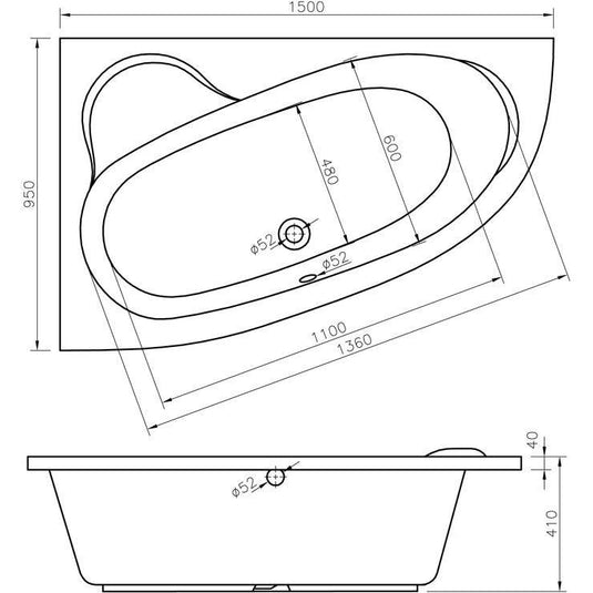 Ruby Brody 1500x950x600mm 0TH Offset Corner Bath w/Legs (LH) - RUBY105672 - Envy Bathrooms Ltd