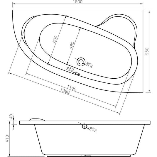 Ruby Brody 1500x950x600mm 0TH Offset Corner Bath w/Legs (RH) - RUBY105673 - Envy Bathrooms Ltd