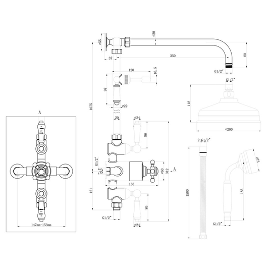 Ruby Brody Traditional Exposed Two Outlet Shower Valve w/Riser Kit & Overhead - Chrome - RUBY105885 - Envy Bathrooms Ltd