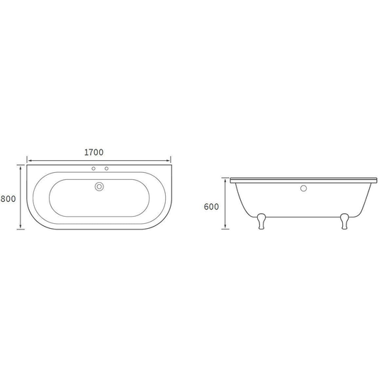 Ruby Cali Freestanding Back To Wall 1700x800x600mm 2TH Bath w/Feet - White - RUBY102813