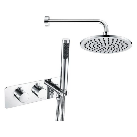 Modern chrome twin shower set with round overhead head, handset, and dual control valve