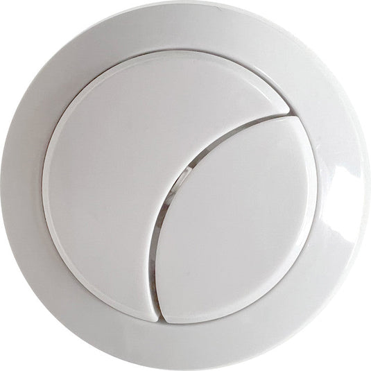 Close-up of a white dual flush toilet button, circular bathroom fitting