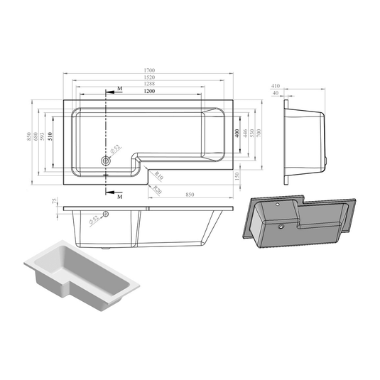 Ruby Gunner L Shape SUPERCAST 1700x850x560mm 0TH Shower Bath Pack (LH) - RUBY105605 - Envy Bathrooms Ltd