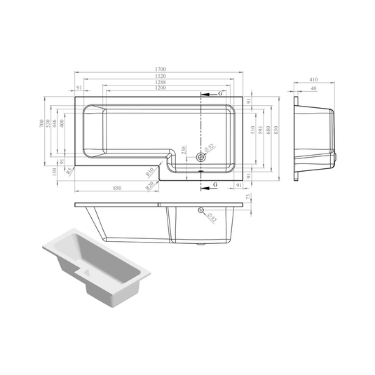 Ruby Gunner L Shape SUPERCAST 1700x850x560mm 0TH Shower Bath Pack (RH) - RUBY105606