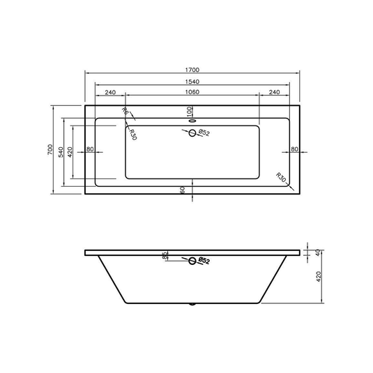 Ruby Gunner Square Double End 1700x700x550mm 0TH Bath w/Legs - RUBY105651