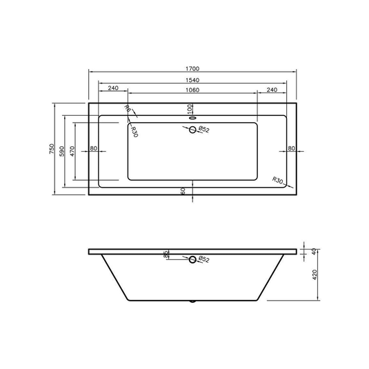 Ruby Gunner Square Double End 1700x750x550mm 0TH Bath w/Legs - RUBY105652