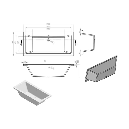 Ruby Gunner Square Double End 1700x800x550mm 0TH Bath w/Legs - RUBY105653