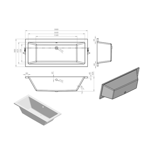 Ruby Gunner Square Double End 1800x800x550mm 0TH Bath w/Legs - RUBY105654