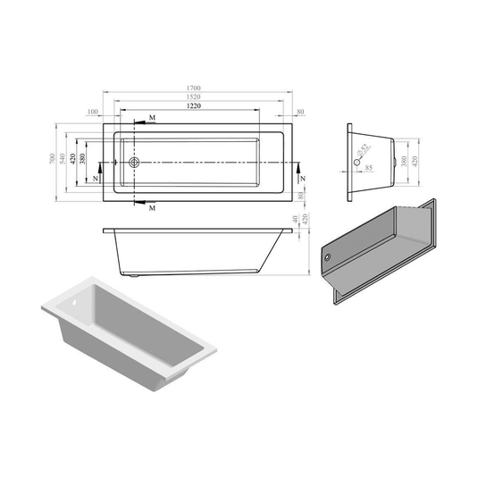 Ruby Gunner Square Single End 1700x700x550mm 0TH Bath w/Legs - RUBY105621 - Envy Bathrooms Ltd