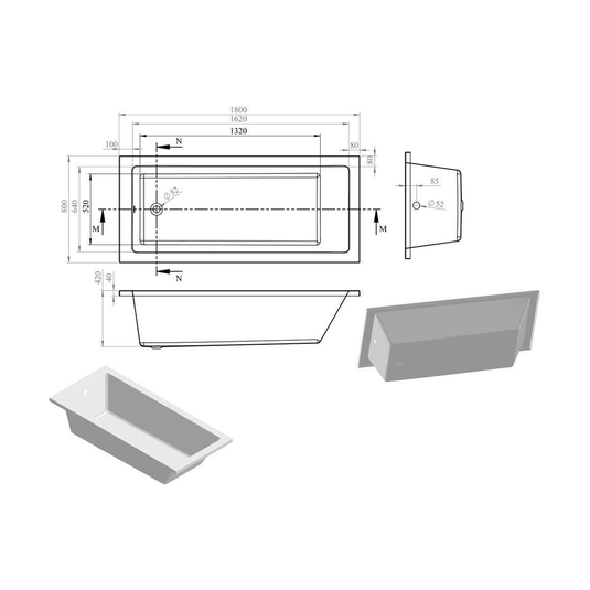 Ruby Gunner Square Single End 1800x800x550mm 0TH Bath w/Legs - RUBY105623 - Envy Bathrooms Ltd