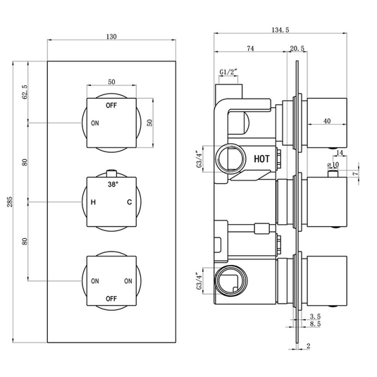 Ruby Hazel Thermostatic Three Outlet Triple Shower Valve - Chrome - RUBY105846