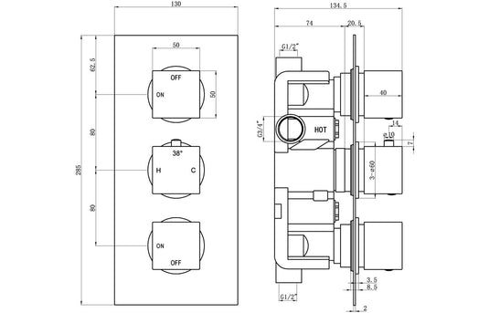 Ruby Hazel Thermostatic Two Outlet Triple Shower Valve - Chrome - RUBY105845