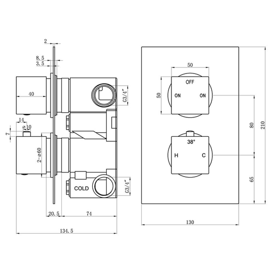 Ruby Hazel Thermostatic Two Outlet Twin Shower Valve - Matt Black - RUBY108591