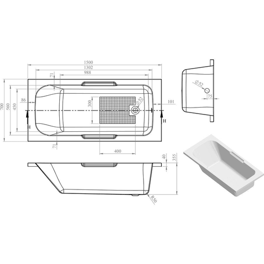 Ruby Holly Gripped 1500x700x550mm 0TH Bath w/Legs - RUBY105614 - Envy Bathrooms Ltd