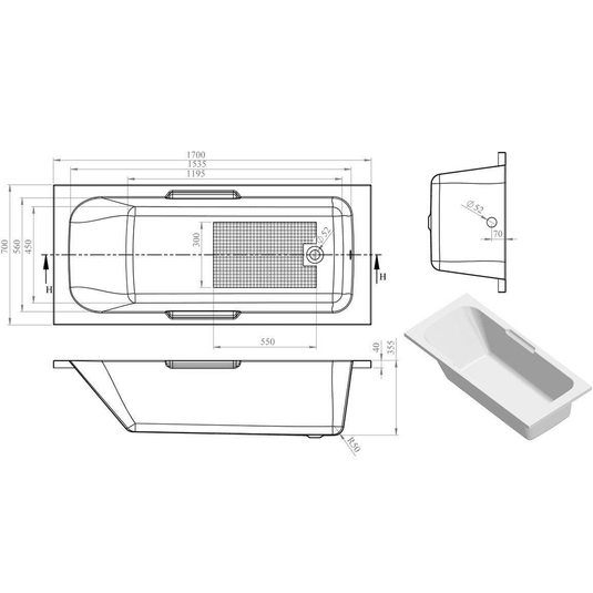 Ruby Holly Gripped 1700x700x550mm 0TH Bath w/Legs - RUBY105616 - Envy Bathrooms Ltd