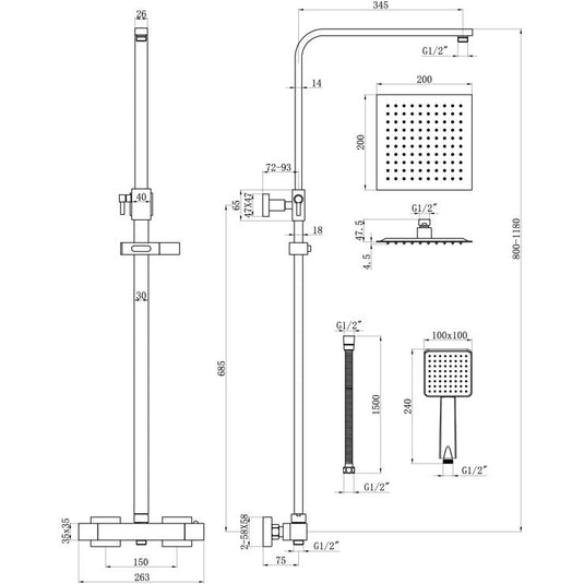 Ruby Honey Square Thermostatic Bar Mixer w/Riser Kit - Chrome - RUBY105831 - Envy Bathrooms Ltd