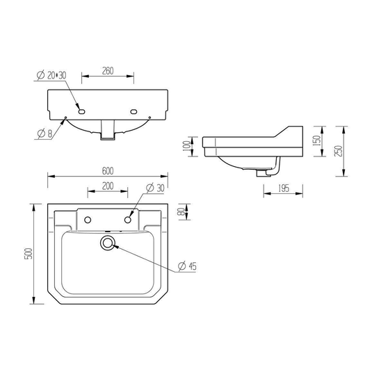 Ruby Ivy 600x500mm 2TH Basin & Full Pedestal - RUBY1820 - Envy Bathrooms Ltd