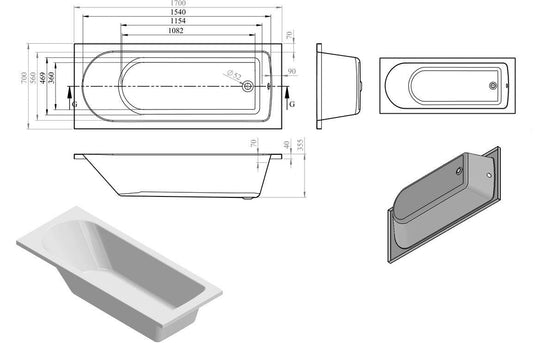 Ruby Kilo D Shape Single End 1700x700x550mm 2TH Bath w/Legs - RUBY105639 - Envy Bathrooms Ltd