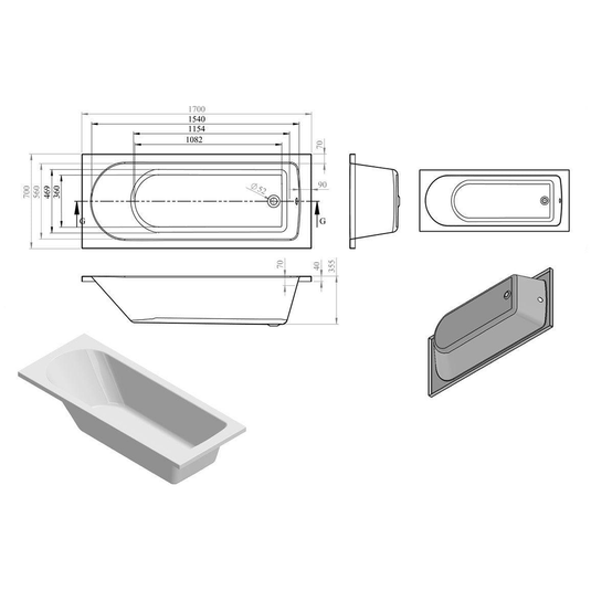 Ruby Kilo D Shape Single End 1700x700x550mm 2TH Bath w/Legs - RUBY105639