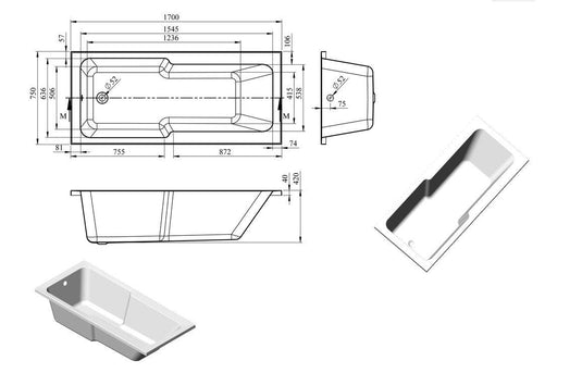 Ruby Kobe Straight 1700x750x550mm 0TH "C" Shower Bath w/Legs - RUBY105667 - Envy Bathrooms Ltd