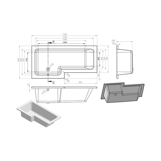 Ruby L-Shape Single End 1700x700-850x410mm 0TH Bath Only (LH) - RUBY103898