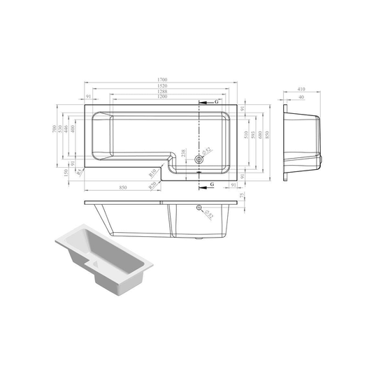 Ruby L-Shape Single End 1700x700-850x410mm 0TH Bath Only (RH) - RUBY103899