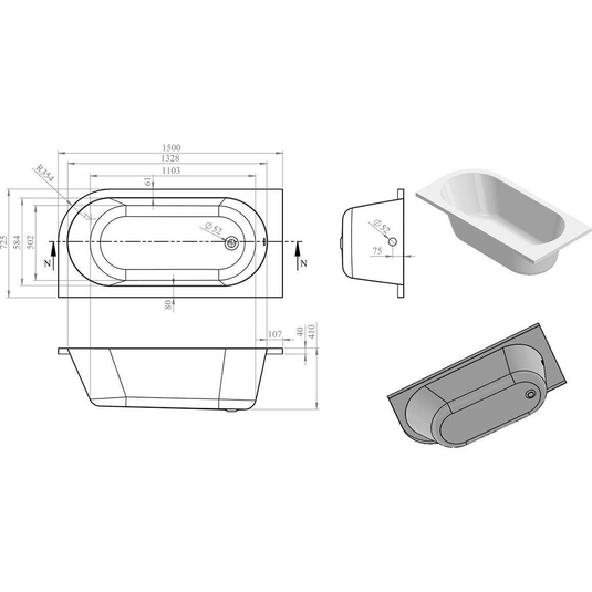 Ruby Levi J Shape 1500x725x600mm 0TH Bath w/Legs (LH) - RUBY105665