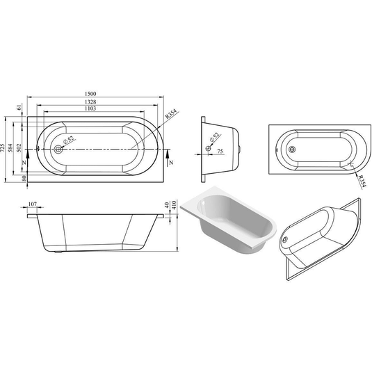 Ruby Levi J Shape 1500x725x600mm 0TH Bath w/Legs (RH) - RUBY105666