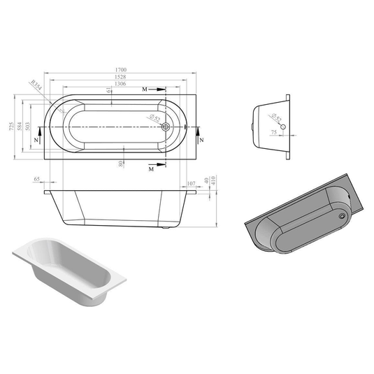 Ruby Levi J Shape 1700x725x600mm 0TH Bath w/Legs (LH) - RUBY105663