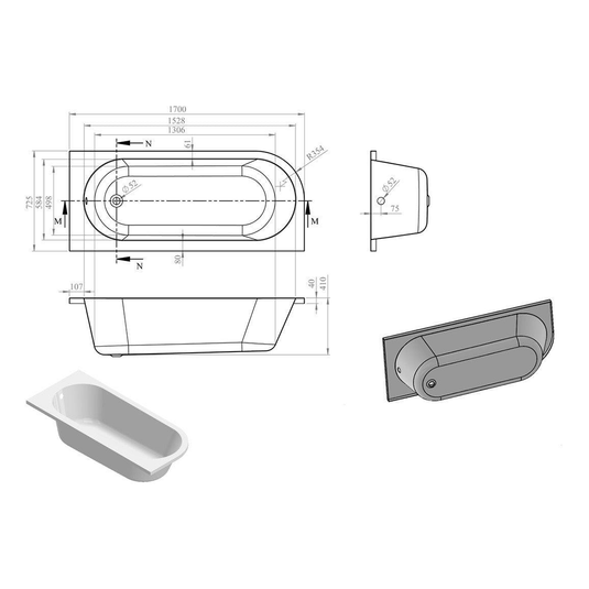 Ruby Levi J Shape 1700x725x600mm 0TH Bath w/Legs (RH) - RUBY105664