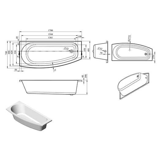 Ruby Loki Space Saving 1700x740x560mm 0TH Bath w/Legs (LH) - RUBY105659 - Envy Bathrooms Ltd
