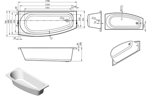 Ruby Loki Space Saving 1700x740x560mm 0TH Bath w/Legs (LH) - RUBY105659 - Envy Bathrooms Ltd