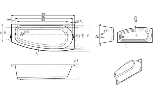 Ruby Loki Space Saving 1700x740x560mm 0TH Bath w/Legs (RH) - RUBY105660 - Envy Bathrooms Ltd