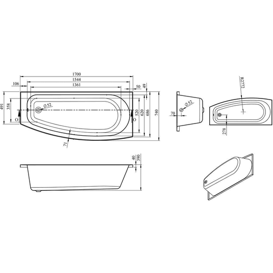 Ruby Loki Space Saving 1700x740x560mm 0TH Bath w/Legs (RH) - RUBY105660 - Envy Bathrooms Ltd