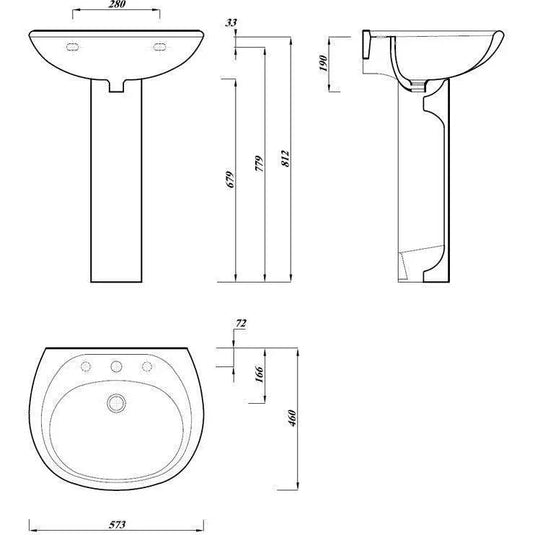 Ruby Marley 573x460mm 2TH Basin & Full Pedestal - RUBY103720 - Envy Bathrooms Ltd
