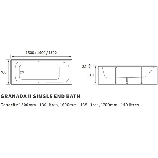Ruby Nala Single End Twin Grip Textured Base 8mm 1700x700x510mm 2TH Bath - RUBY3089 - Envy Bathrooms Ltd