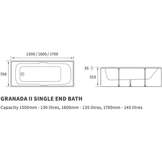Ruby Nala Single End Twin Grip Textured Base 8mm 1700x700x510mm 2TH Bath - RUBY3089 - Envy Bathrooms Ltd