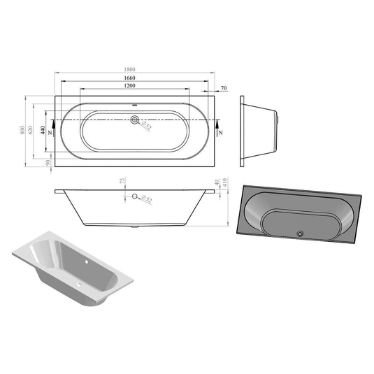 Ruby Oakley Round Double End 1800x800x550mm 0TH Bath w/Legs - RUBY105645 - Envy Bathrooms Ltd
