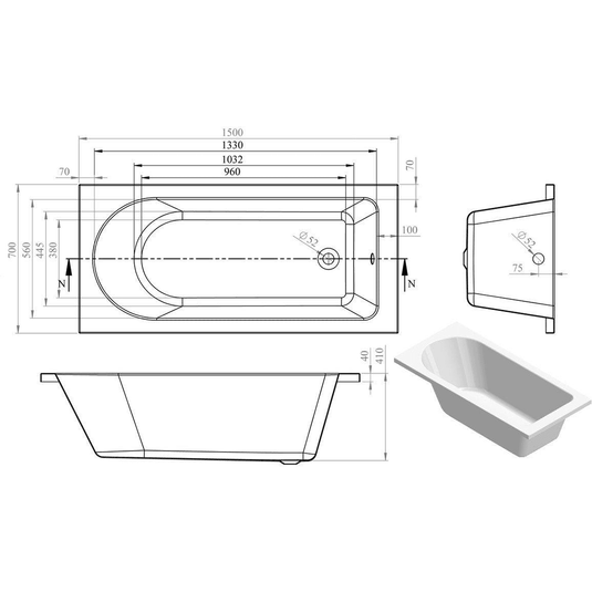 Ruby Oakley Round Single End 1500x700x550mm 0TH Bath w/Legs - RUBY105628 - Envy Bathrooms Ltd