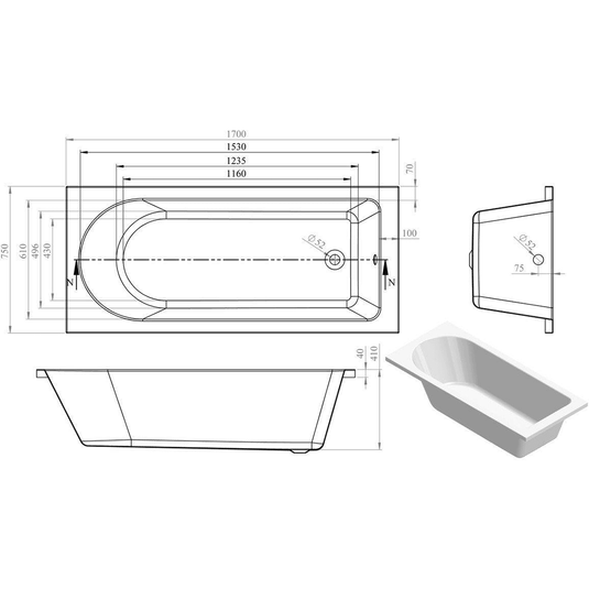 Ruby Oakley Round Single End 1700x750x550mm 0TH Bath w/Legs - RUBY105631 - Envy Bathrooms Ltd