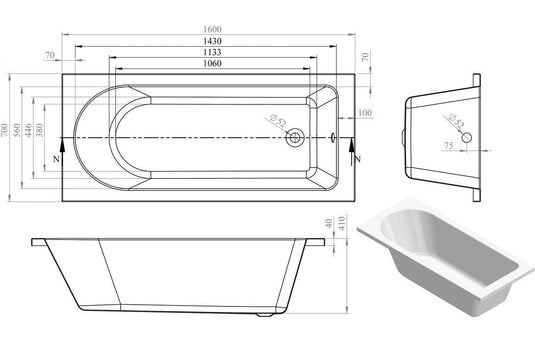 Ruby Oakley Round Single End SUPERCAST 1600x700x550mm 0TH Bath w/Legs - RUBY105636 - Envy Bathrooms Ltd