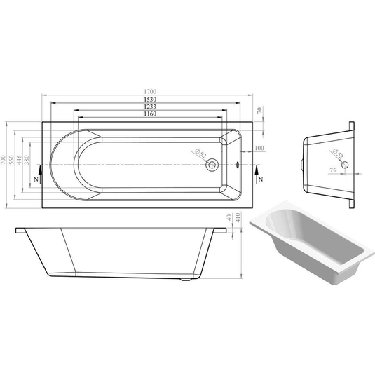 Ruby Oakley Round Single End SUPERCAST 1700x700x550mm 0TH Bath w/Legs - RUBY105637 - Envy Bathrooms Ltd