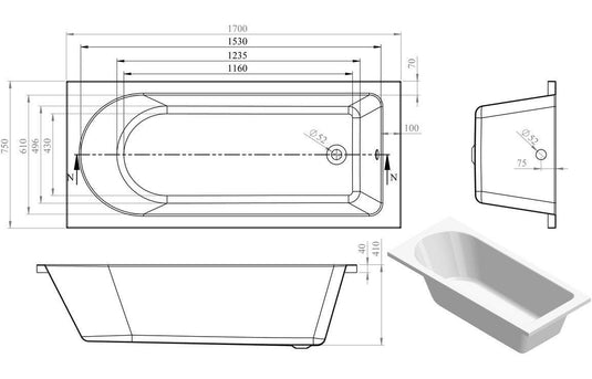 Ruby Oakley Round Single End SUPERCAST 1700x750x550mm 0TH Bath w/Legs - RUBY105638 - Envy Bathrooms Ltd