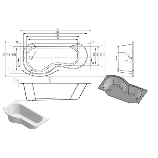 Ruby P-Shape 1700x700-850x410mm 0TH Shower Bath  Panel & Screen (LH) - RUBY2956