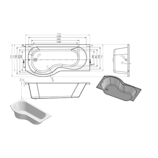 Ruby P-Shape Single End 1700x700-850x410mm 0TH Bath Only (LH) - RUBY103895