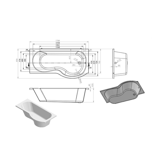 Ruby P-Shape Single End 1700x700-850x410mm 0TH Bath Only (RH) - RUBY103896