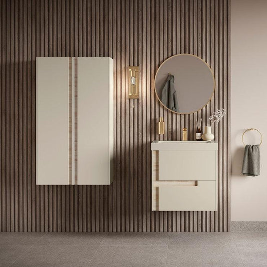 Ruby Paisley 615mm Wall Hung 2 Drawer Basin Unit & White Basin - Matt Cotton & Oak Effect - RUBY106885 - Envy Bathrooms Ltd