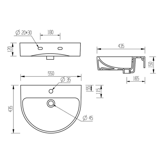 Ruby Pearl 555x430mm 1TH Basin & Semi Pedestal - RUBY1784 - Envy Bathrooms Ltd
