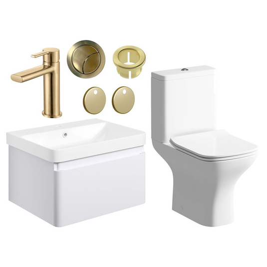 Ruby Penny 600mm Basin Unit & Close Coupled WC Pack - Matt White w/Brushed Brass Finishes - RUBY109054 - Envy Bathrooms Ltd